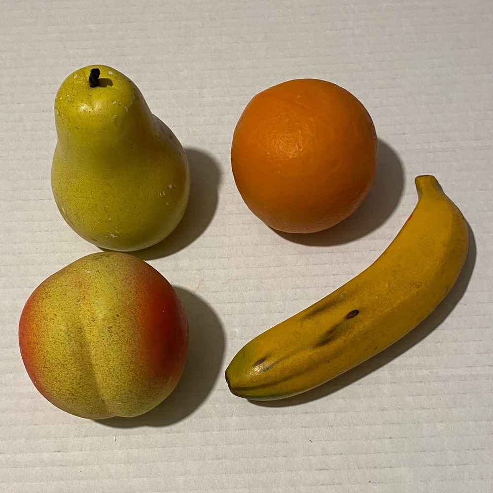 Fruit 4 piece hard decor banana pear peach and orange replica props